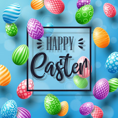 Happy Easter greeting card with colored eggs and frame on blue background
