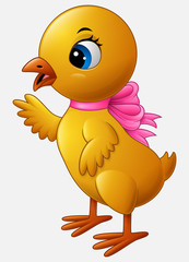 Cute cartoon little chicken with pink bow isolated on a white background
