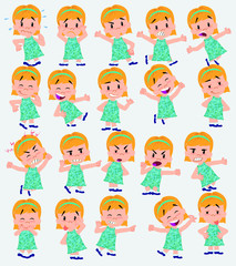 Cartoon character white girl. Set with different postures, attitudes and poses, doing different activities in isolated vector illustrations.
