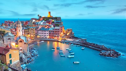 Poster Magical landscape with boats in the bay and colored houses on the rock in Vernazza, Cinque Terre, Italy, Europe at night © anko_ter