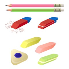 Set of erasers of different color and shape, two pencils