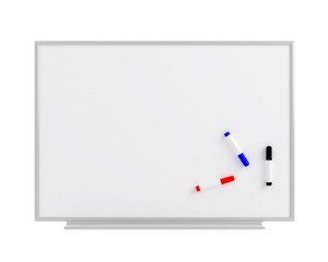 Empty whiteboard (magnetic board) isolated on white. Mockup template- 3D rendering