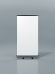 Outdoor Advertising Stand Banner (empty roll-up poster) - mockup template on gray background. 3D rendering