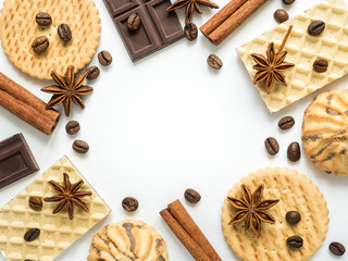 Assorted cookie wafer cinnamon coffee Frame on white.