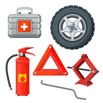 Emergency first aid kit in car, fire extinguisher, emergency sign