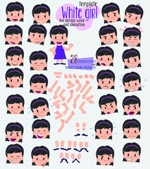 White girl. Twenty eight expressions and basics body elements, template for design work and animation. Vector illustration to Isolated and funny cartoon character.