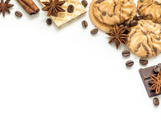 Assorted cookie wafer cinnamon coffee Frame on white.