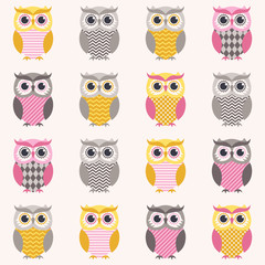 Obraz premium seamless owl pattern cartoon in yellow, grey and pink color combo 