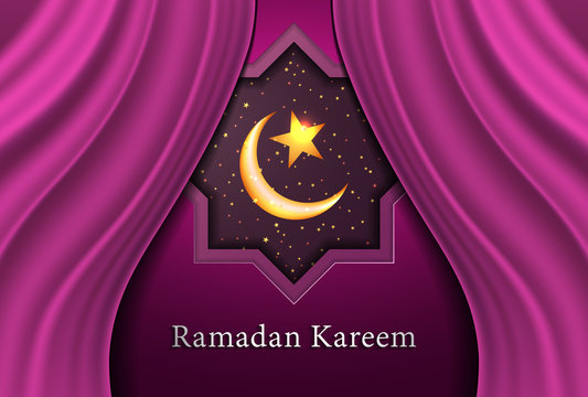 Modern Ramadan Kareem on curtain background vector illustration design graphic with islamic crescent moon 3D.