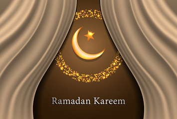 Modern Ramadan Kareem on curtain background vector illustration design graphic with islamic crescent moon 3D.
