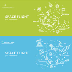 Flat colorful design concept for Space Flight. Infographic idea of making creative products..Template for website banner, flyer and poster.