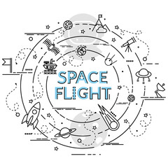 Obraz premium Flat colorful design concept for Space Flight. Infographic idea of making creative products..Template for website banner, flyer and poster.