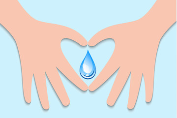 world water day sign symbol with hand make heart for water drop on soft blue background