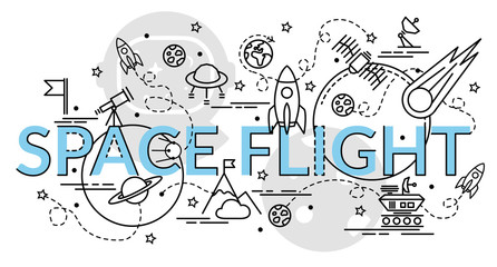 Flat colorful design concept for Space Flight. Infographic idea of making creative products..Template for website banner, flyer and poster.