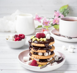 A sweet dessert of a chocolate cookie raspberry and marshmallow Cup of coffee on a light table.