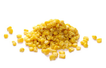 Yellow cooked corn isolated on white background, for popcorn