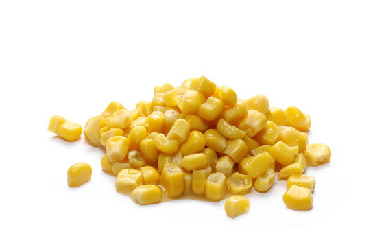 Yellow cooked corn isolated on white background, for popcorn