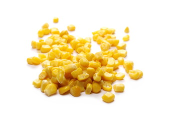 Yellow cooked corn isolated on white background, for popcorn