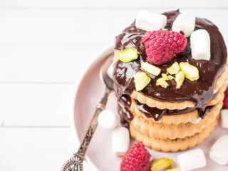 A sweet dessert of a chocolate cookie raspberry and marshmallow on a light table.