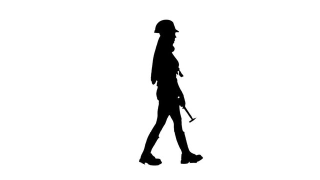 Girl with long hair carries a hammer. Silhouette. White background . Side view