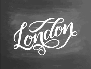 Conceptual hand drawn phrase London on chalkboard. Hand drawn graphic. Lettering design for posters, t-shirts, cards, invitations, stickers, banners, advertisement. Vector illustration