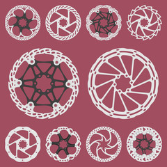 Vector illustration set of a bicycle brake disc, isolated on a colored background.