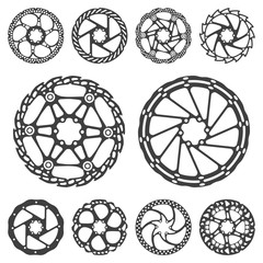 Vector illustration set of silhouettes of a bicycle brake disc, isolated on a colored background.