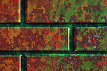 Mixed media artwork, abstract colorful artistic painted layer in brown, green color palette on grunge brick wall texture photography background