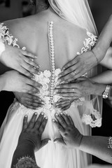 Women button up corset on bride's back. Bridesmaids hands hold corset on bride's back. A lot of women's hands near the bride's back. Black and white photo.