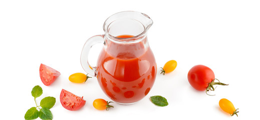 Fresh tomato juice and tomatoes isolated on white background. Flat lay,top view. Wide photo.