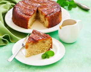Homemade traditional banana pie with caramel.