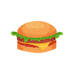 Hamburger with cheese, lettuce, meat patty and bun with sesame seeds vector Illustration on a white background