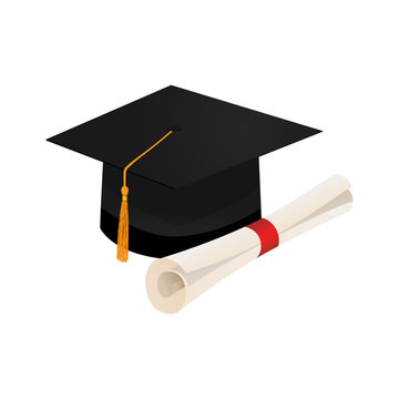 Graduation Cap and Diploma Scroll iSolated on White Background.