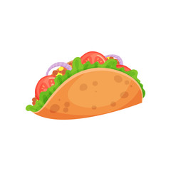 Mexican taco with meat and fresh vegetables, crispy corn tortilla filled with meat, tomato, pepper and lettuce vector Illustration on a white background