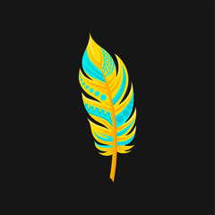 Beautiful bright bird turquoise and yellow feather vector Illustration on a black background