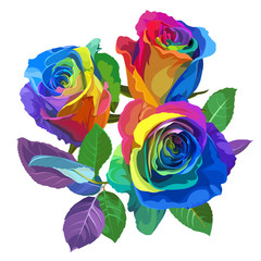 Fototapeta na wymiar Multicolored Roses on White Background. Positive Spring Illustration with Flowers.