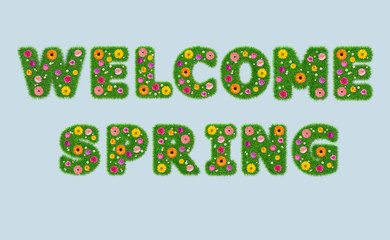 Welcome spring inscription from the letters of grass with flowers on an isolated blue background. 3D render