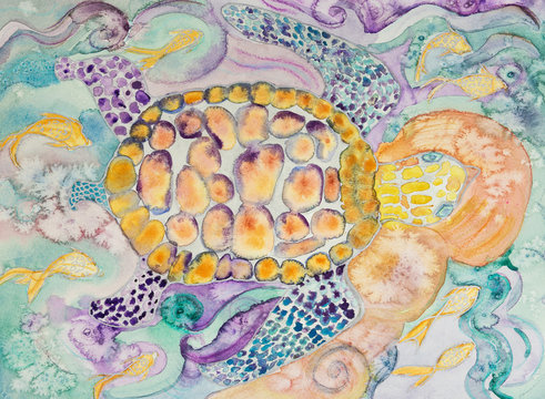 Tortoise swimming in paradise waters. The dabbing technique near the edges gives a soft focus effect due to the altered surface roughness of the paper.