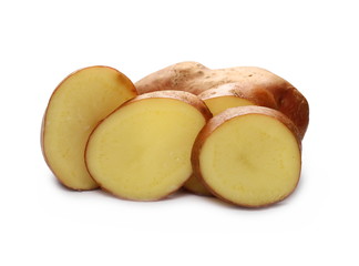 Fresh organic potatoes with slices isolated on white background