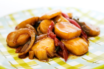 wok fried Scallops stir fry with sweet peppers and chinese vegetables