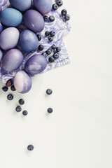Top view of violet painted chicken eggs and blueberries on napkin on grey, easter concept