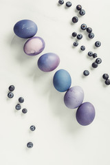 top view of blueberries and painted purple easter eggs on grey