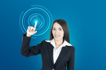 Young asian business woman touching digital hologram screen.