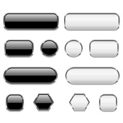 White and black buttons. Glass 3d icons with chrome frame