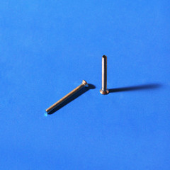 two screws on a blue background. Macro, close up. repair concept. Minimalistic trendy style.