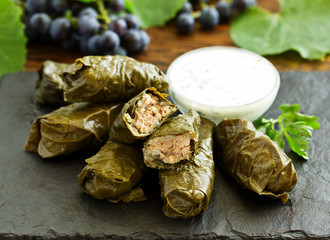 dolma stuffed with meat and rice leaves of grapes.