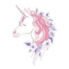 Obraz na płótnie Canvas unicorn vector head with mane and horn on floral background.