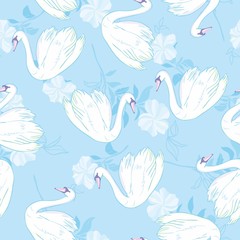 Seamless pattern with white swans. White swans on pink background. Vector illustration.