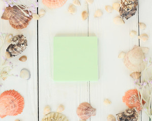 green blank sheet and seashells on wooden background.Travel background