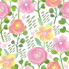 Bright floral seamless design with ranunculus and other flowers